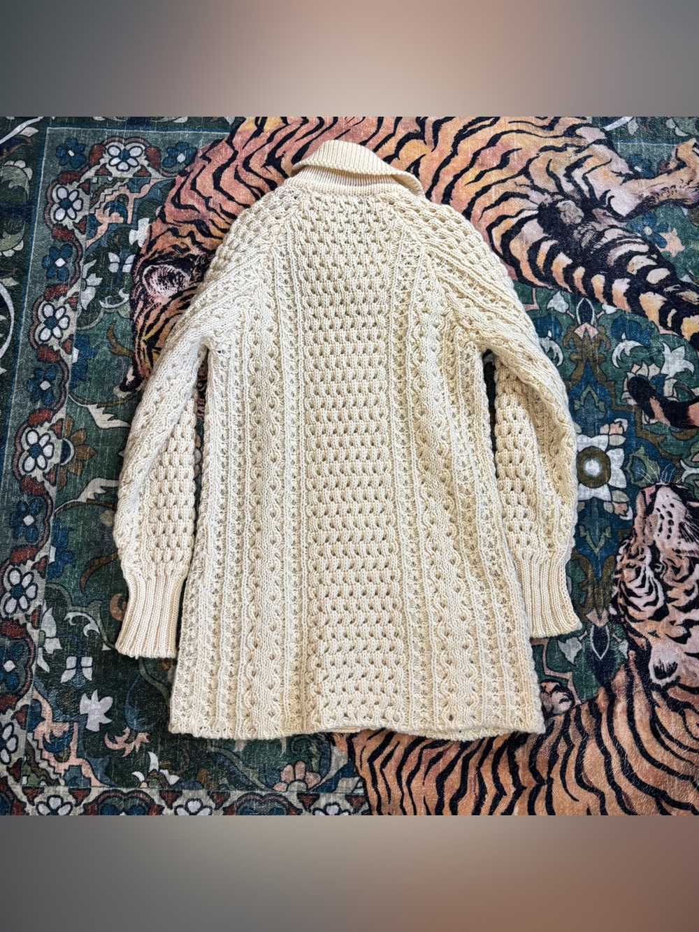 Una O'Neill Aran Wool Sweater Cardigan Fisherman Ivory Chunky Cable Knit Ireland - Picture 2 of 8